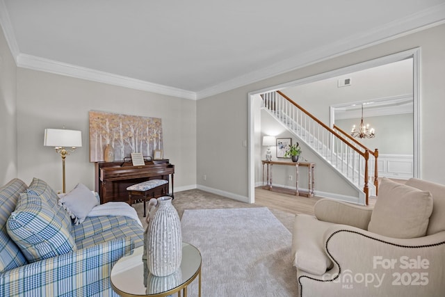 1809 Robbins Meadows Dr, Waxhaw, NC 28173 - living room with stairs, crown molding, a chandelier, and carpet