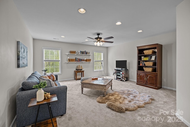 1809 Robbins Meadows Dr, Waxhaw, NC 28173 - carpeted living room featuring recessed lighting, ceiling fan, and plenty of natural light
