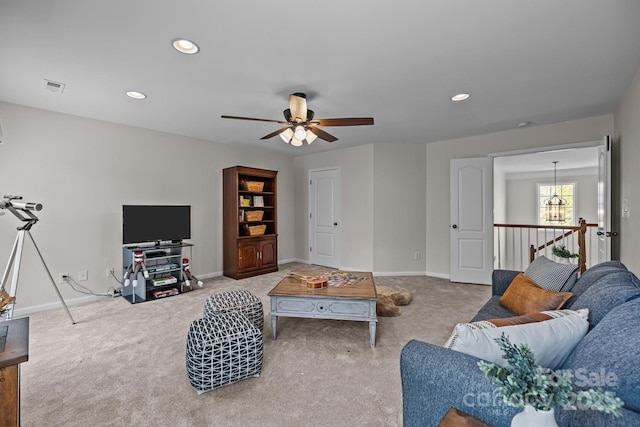 1809 Robbins Meadows Dr, Waxhaw, NC 28173 - carpeted living area featuring ceiling fan and recessed lighting