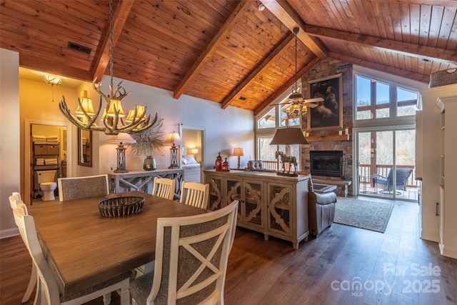 226 Sawgrass Dr Unit 3, Whittier, NC 28789 - dining room with high vaulted ceiling, a fireplace, beam ceiling, and hardwood / wood-style flooring