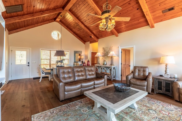 226 Sawgrass Dr Unit 3, Whittier, NC 28789 - living area with visible vents, beamed ceiling, ceiling fan, high vaulted ceiling, and wood finished floors