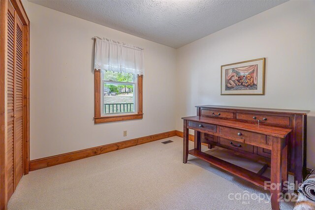 207 New Orleans Blvd, Morganton, NC 28655 - office area featuring a textured ceiling, carpet, visible vents, and baseboards