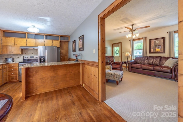 207 New Orleans Blvd, Morganton, NC 28655 - kitchen featuring dark wood-style flooring, a textured ceiling, stainless steel appliances, a peninsula, and under cabinet range hood