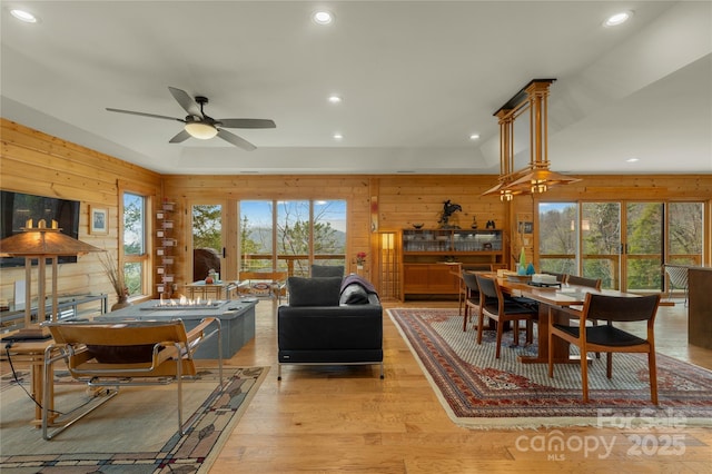 263 Mine Cove Rd, Spruce Pine, NC 28777 - dining room with light wood-type flooring, a wealth of natural light, wooden walls, and recessed lighting
