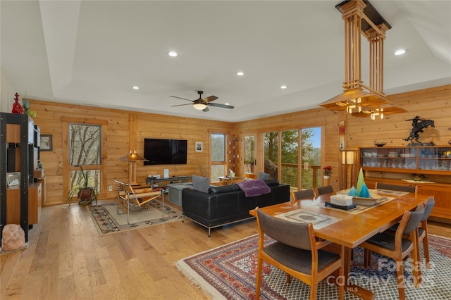 263 Mine Cove Rd, Spruce Pine, NC 28777 - dining space with recessed lighting, a ceiling fan, wooden walls, and light wood finished floors