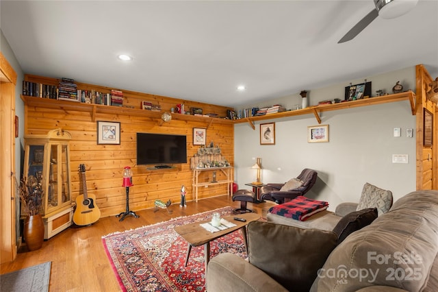 263 Mine Cove Rd, Spruce Pine, NC 28777 - living room featuring recessed lighting, wood finished floors, a ceiling fan, and wooden walls