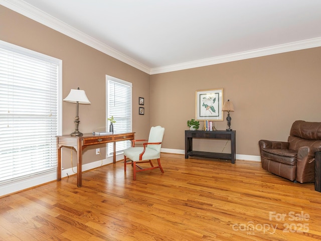 living area featuring ornamental molding, baseboards, and light wood-style floors
