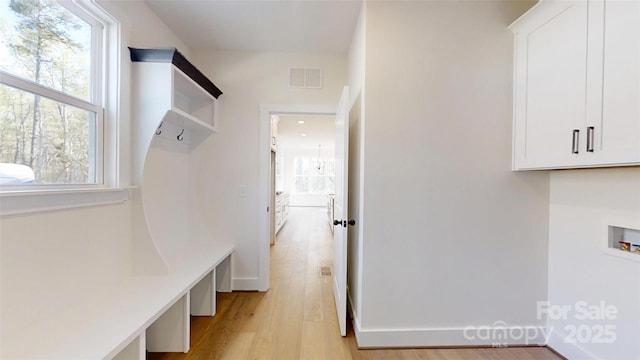 472 Bellingshire Dr, Mount Ulla, NC 28125 - mudroom featuring light wood-style flooring, baseboards, and visible vents
