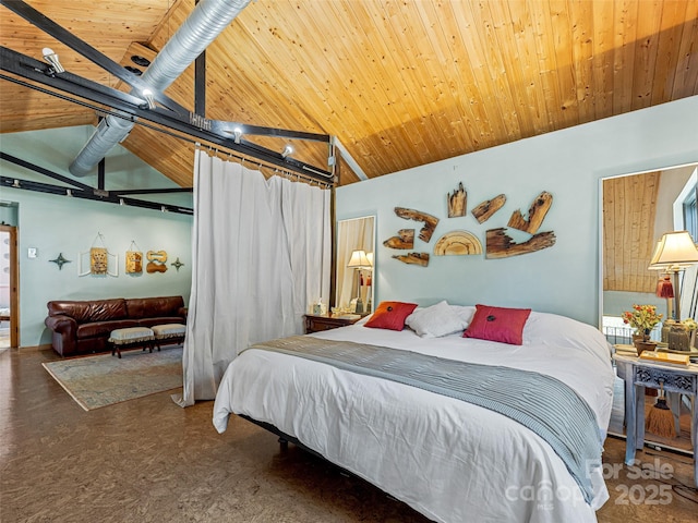 bedroom featuring wooden ceiling and vaulted ceiling