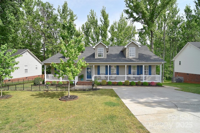 cape cod-style house with central AC, a porch, and a front yard