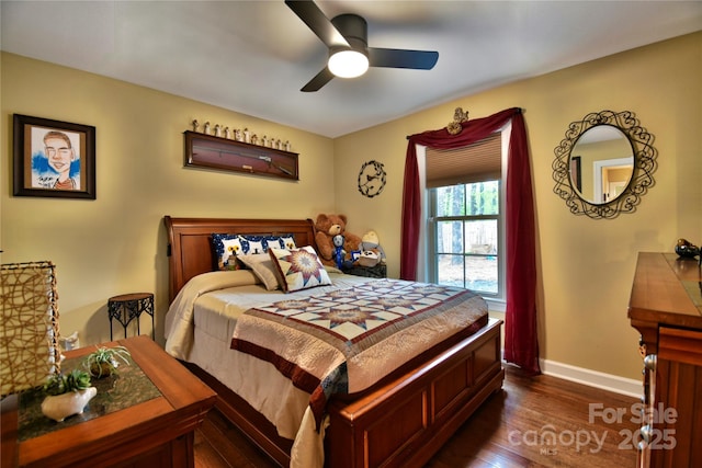 bedroom featuring dark wood finished floors, baseboards, and a ceiling fan