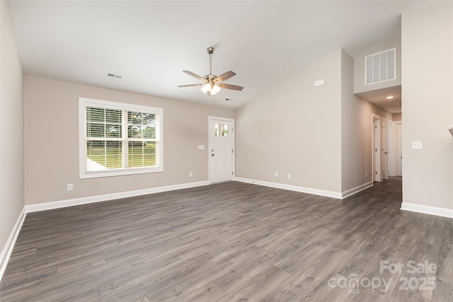 115 Frances St, Salisbury, NC 28147 - unfurnished living room featuring ceiling fan, wood finished floors, and high vaulted ceiling