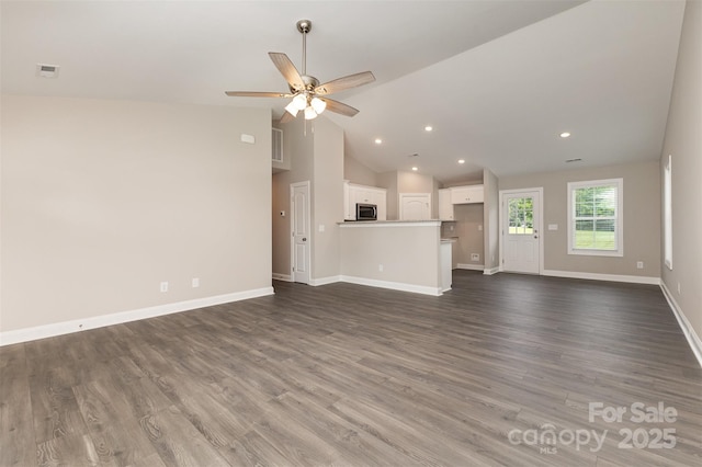 115 Frances St, Salisbury, NC 28147 - unfurnished living room with a ceiling fan, dark wood finished floors, recessed lighting, and high vaulted ceiling