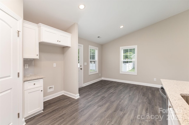 115 Frances St, Salisbury, NC 28147 - kitchen with lofted ceiling, dark wood-type flooring, white cabinetry, light stone counters, and recessed lighting