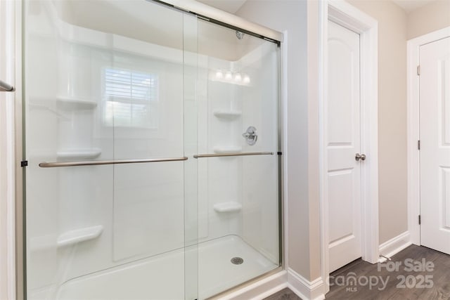 115 Frances St, Salisbury, NC 28147 - bathroom featuring a shower stall and wood finished floors