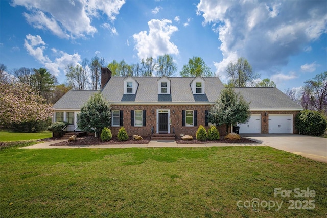 cape cod home featuring a garage, a chimney, brick siding, a front lawn, and driveway