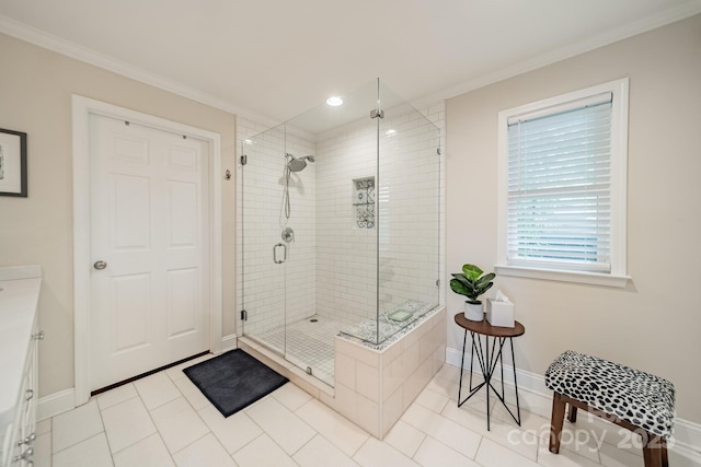 3510 Conway Ave, Charlotte, NC 28209 - full bathroom featuring a stall shower, baseboards, crown molding, tile patterned flooring, and recessed lighting