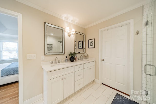 3510 Conway Ave, Charlotte, NC 28209 - full bath with a shower stall, crown molding, double vanity, baseboards, and tile patterned flooring
