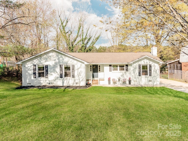 6310 Welford Rd, Charlotte, NC 28211 - ranch-style home with roof with shingles, crawl space, a chimney, and a front lawn