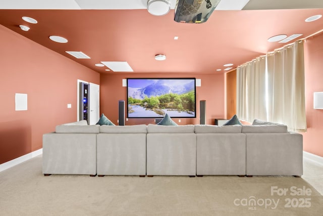 home theater featuring recessed lighting, carpet flooring, visible vents, and baseboards