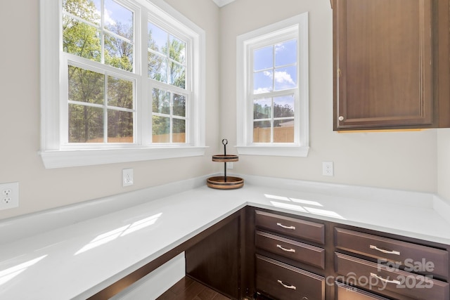 kitchen with dark brown cabinets and light countertops