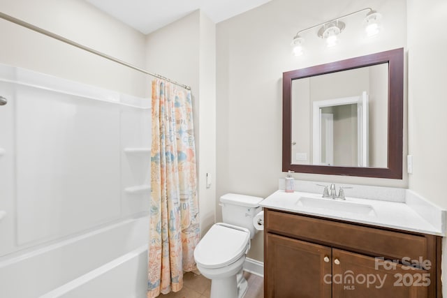 full bathroom featuring tile patterned flooring, toilet, shower / bath combo with shower curtain, and vanity