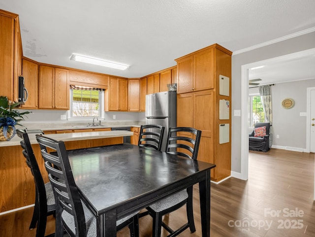 kitchen with dark wood-style floors, light countertops, a sink, and a healthy amount of sunlight