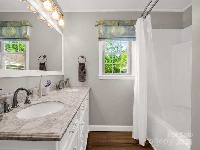 full bath with wood finished floors, a sink, and a healthy amount of sunlight