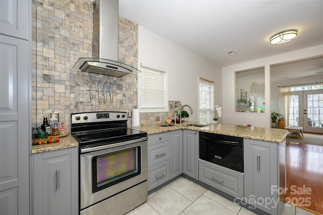 4133 Carl Parmer Dr, Harrisburg, NC 28075 - kitchen featuring wall chimney range hood, a peninsula, stainless steel range with electric stovetop, gray cabinetry, and a sink
