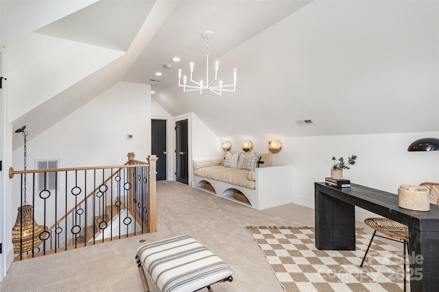 interior space featuring lofted ceiling, visible vents, an inviting chandelier, and carpet floors