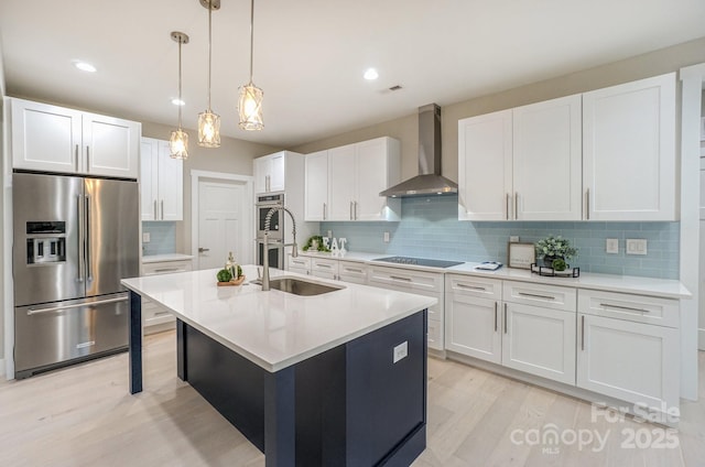 8225 Long Island Rd, Catawba, NC 28609 - kitchen featuring stainless steel fridge, wall chimney exhaust hood, light wood-type flooring, decorative backsplash, and black electric stovetop