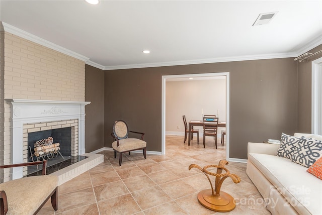 1329 Merrimon Ave, Asheville, NC 28804 - living area with a fireplace, baseboards, ornamental molding, and visible vents