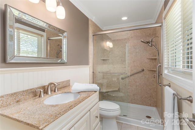 1329 Merrimon Ave, Asheville, NC 28804 - full bathroom with toilet, a stall shower, ornamental molding, and a wainscoted wall