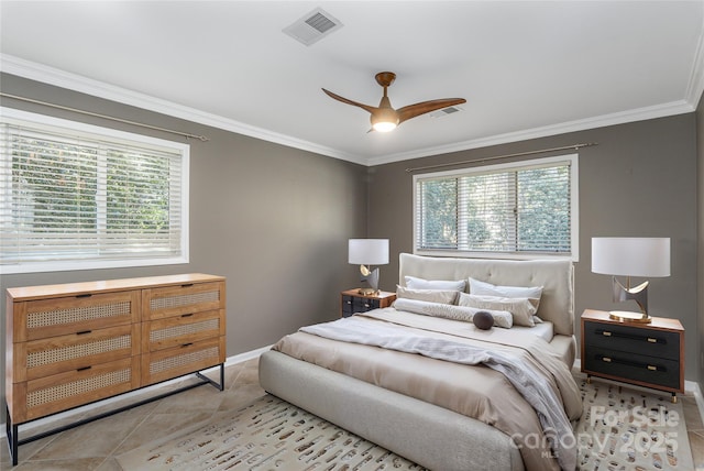 1329 Merrimon Ave, Asheville, NC 28804 - bedroom with crown molding, ceiling fan, light tile patterned floors, visible vents, and baseboards
