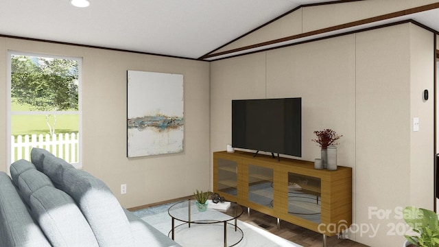 living room featuring wood finished floors and lofted ceiling