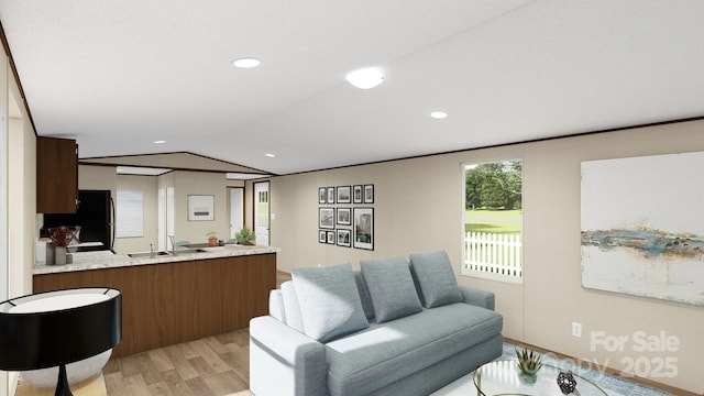 living room featuring light wood-style flooring, recessed lighting, and vaulted ceiling