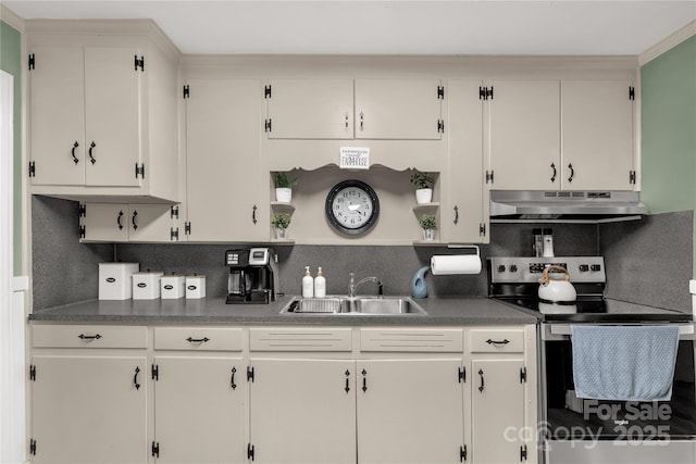 kitchen featuring open shelves, stainless steel range with electric stovetop, white cabinets, under cabinet range hood, and a sink