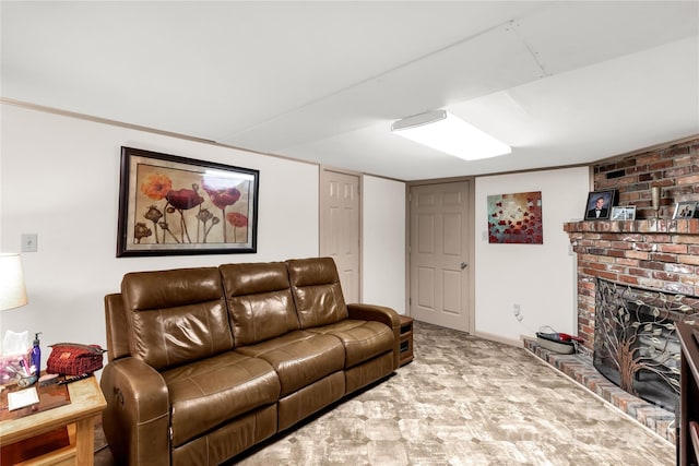 living area featuring a fireplace