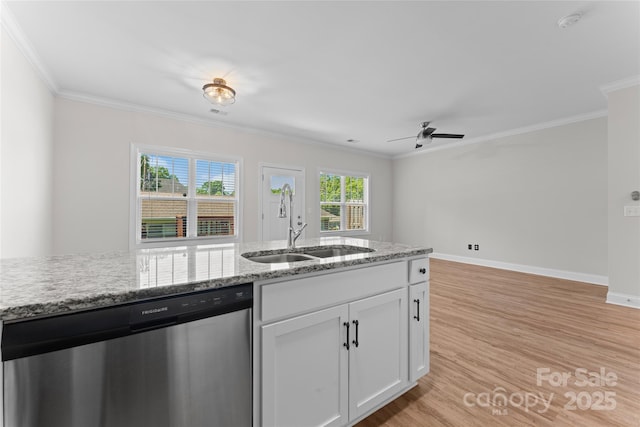 2032 Summey Ave, Charlotte, NC 28205 - kitchen with dishwasher, a sink, crown molding, light wood-style flooring, and white cabinetry