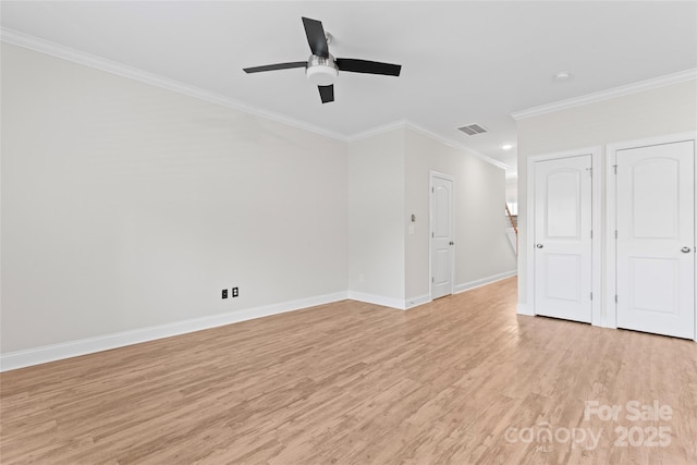 2032 Summey Ave, Charlotte, NC 28205 - spare room featuring light wood-type flooring, crown molding, baseboards, and a ceiling fan