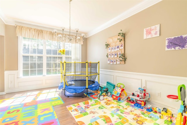 game room with crown molding, a decorative wall, wood finished floors, and a wainscoted wall