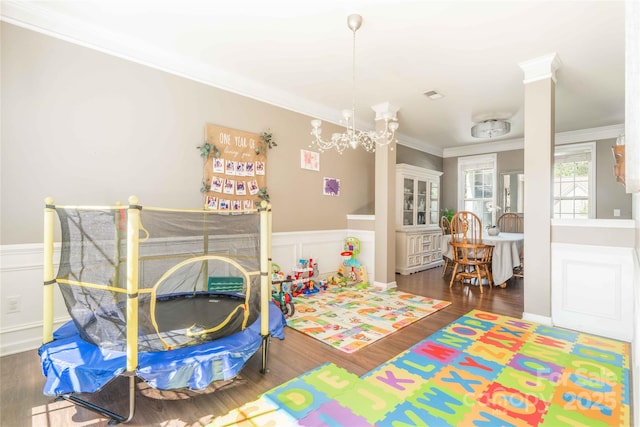 recreation room featuring crown molding, wainscoting, wood finished floors, and a notable chandelier
