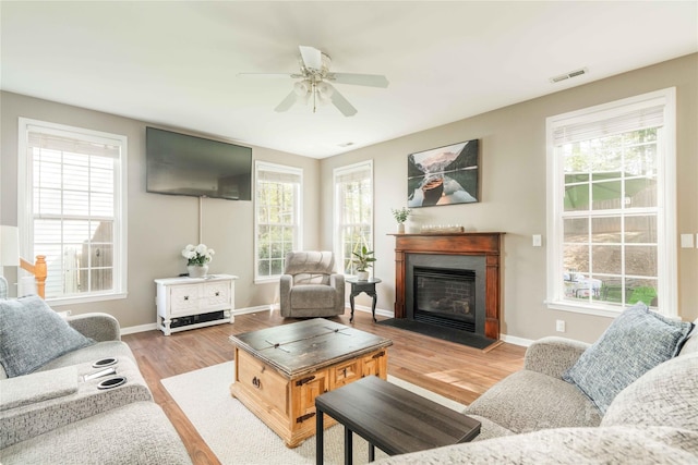 living area featuring visible vents, a glass covered fireplace, wood finished floors, and a healthy amount of sunlight