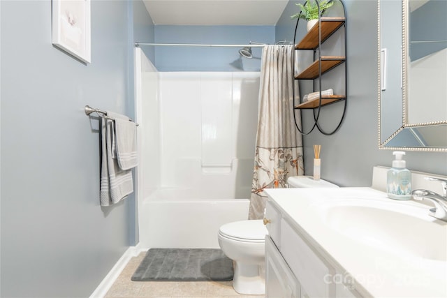 bathroom with vanity, baseboards, tile patterned floors, toilet, and shower / bath combo with shower curtain