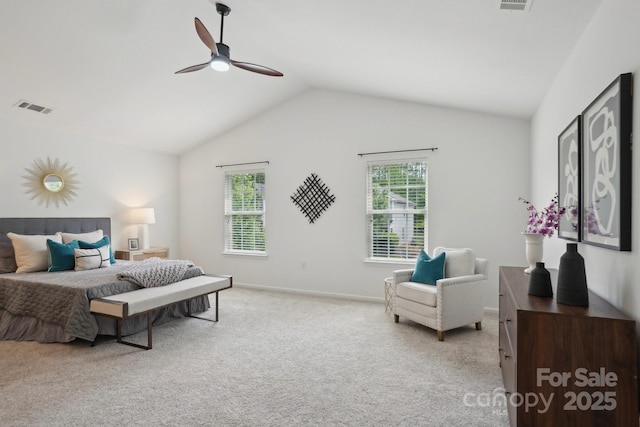 bedroom featuring light colored carpet, visible vents, vaulted ceiling, and multiple windows