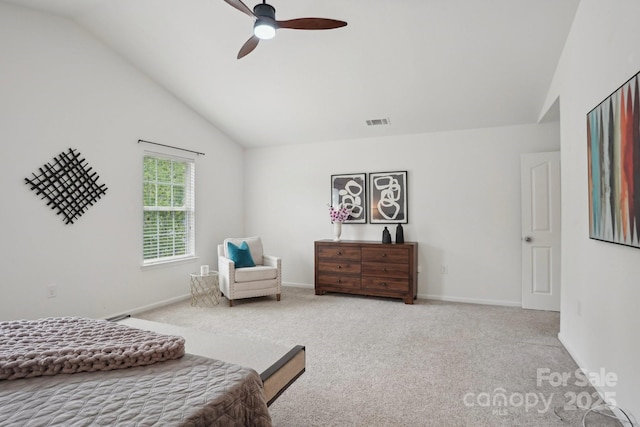 bedroom with carpet flooring, ceiling fan, visible vents, vaulted ceiling, and baseboards