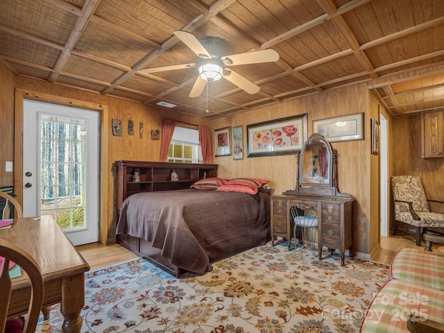 940 Hugh Champion Rd, Tryon, NC 28782 - bedroom with a ceiling fan, wood walls, coffered ceiling, wooden ceiling, and wood finished floors