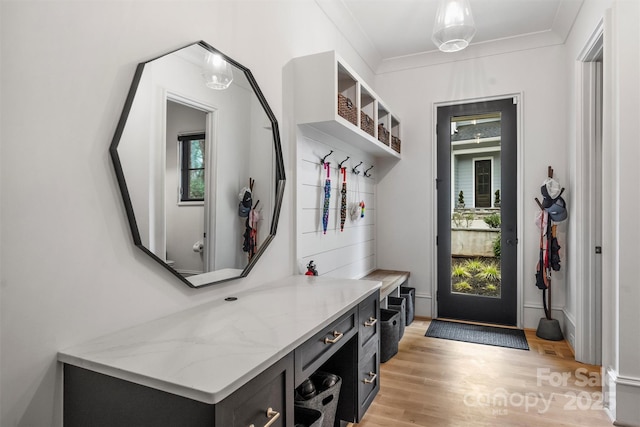 438 Wonderwood Dr, Charlotte, NC 28211 - mudroom with ornamental molding and light wood-style floors