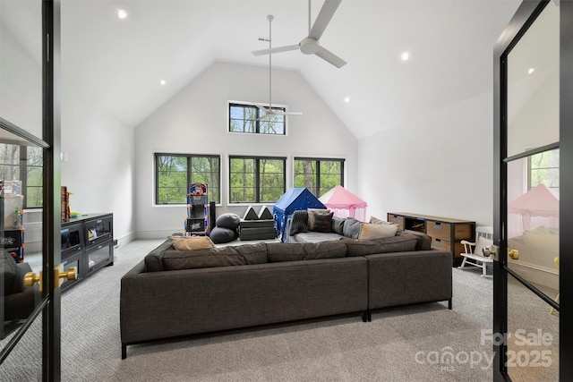 438 Wonderwood Dr, Charlotte, NC 28211 - living room featuring high vaulted ceiling, light colored carpet, baseboards, and a ceiling fan