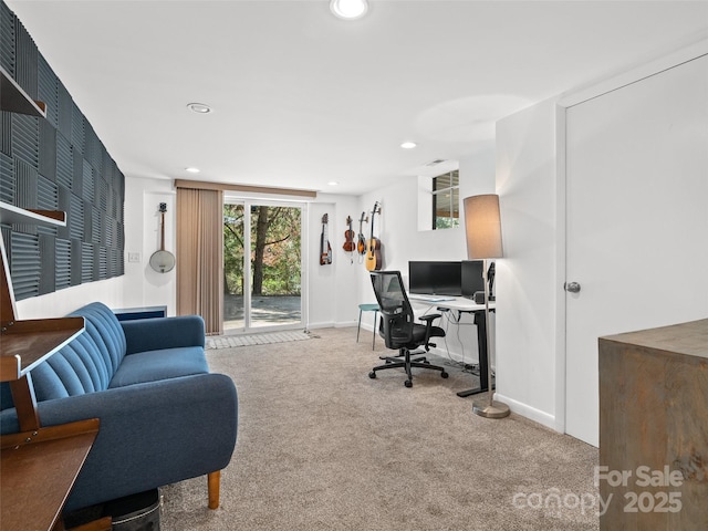 home office featuring baseboards, recessed lighting, and carpet